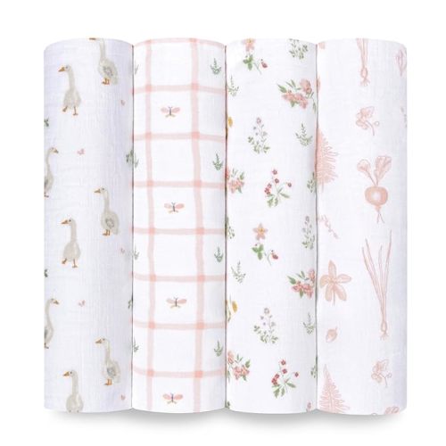 aden + anais Essentials Disney Baby Muslin Swaddle Blankets, Newborn Receiving Blanket for Swaddling, 100% Cotton Baby Swaddle Wrap, 4 Pack, Country Floral