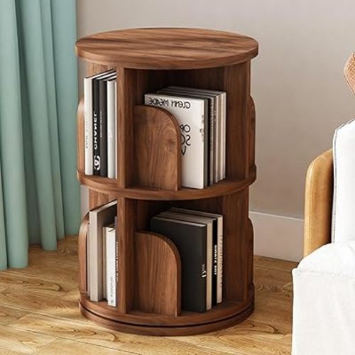 Solid Wood Rotating Bookshelf Tower,360 Display Spinning Bookcase,Corner Bookshelf for Small Space, for Bedroom Livingroom Kids, Adults,Walnut,2 Tier