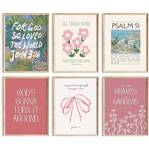 Bible Verse Wall Art Christian Canvas Wall Decor Aesthetic Scripture Wall Art Preppy Religious Posters Jesus Painting Floral Bow Pictures Vintage Prints for Living Room Bedroom 8x10x6 Inch Unframed