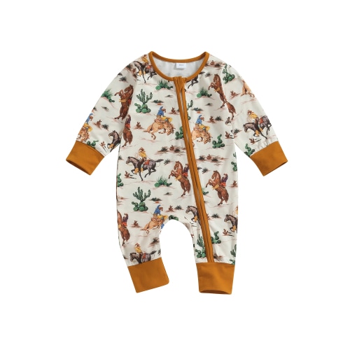 Wassery Western Baby Boys Jumpsuit Long Sleeve Cow/Horse Print Zipped Romper Bodysuits Newborn Autumn Country Cowboy Coming Home Clothes