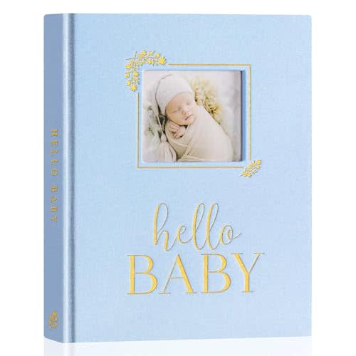 Lanpn Hello Baby Memory Book, Newborn First 5 Year Keepsake with DIY Window, Linen Baby Book Memories Journal Scrapbook Photo Book, Baby Milestone Album for Boy Girl New Parents (Blue, 154 Pages)