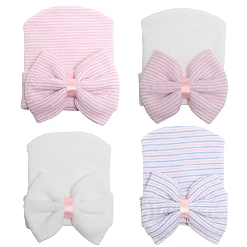 DRESHOW BQUBO 4 Pack Newborn Hospital Hat Infant Baby Hat Cap with Big Bow Soft Cute Knot Nursery Beanie