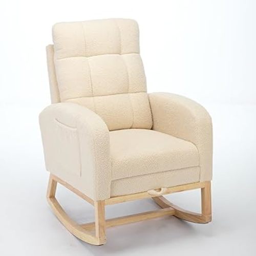 Rocking Chair for Nursery,Modern Accent Rocker Chair with Adjustable Footrest,Upholstered High Back Wooden Rocking Chair for Living Room Baby Room Bedroom (Beige)