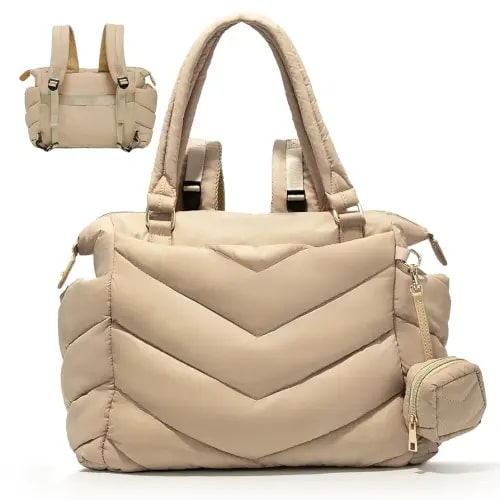 Diaper Bag Tote, Diaper Bag Backpack,Puffer Tote Bag with Pacifier Case, Lightweight Mommy for Hospital, Puffy with 10 Pockets, Convertible Baby for Travel, Apricot
