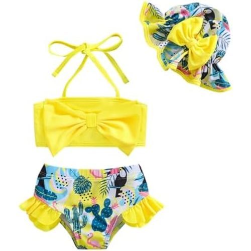 Baby Girl Swimsuit Toddler Girls Bathing Suit Bikini Bottoms Two Piece Swimwear Suit with Hat