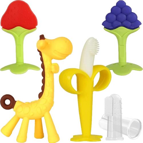 HAILI XMGQ Baby Teething Toys, Baby Teether Chew Toys Safe BPA Free Freezer Teether for Babies Silicone Banana Toothbrushes Fruit Giraffe Teethers