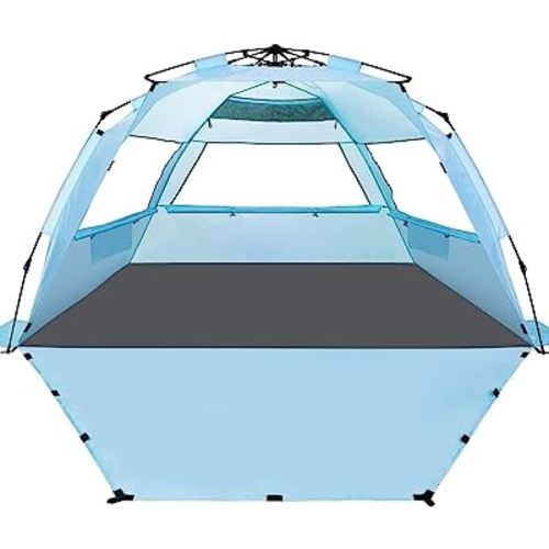 WhiteFang Deluxe XL Pop Up Beach Tent Sun Shade Shelter for 3-4 Person, UV Protection, Extendable Floor with 3 Ventilating Windows Plus Carrying Bag, Stakes, and Guy Lines