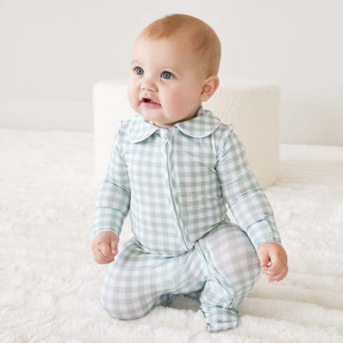 Peter Pan Collar Zipper Footie | Moss Gingham