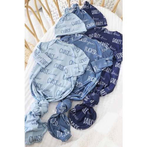 Personalized Font Duo Newborn Baby Knot Gown | Best Selling Blues