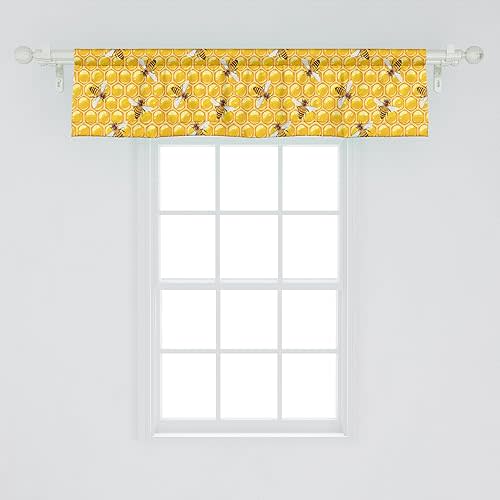 Ambesonne Bee Window Valance Pack of 2, Honeybees Working on Honeycomb Hard Worker Insects Illustration Print, Rod Pocket Curtain Valances for Kitchen Bedroom, 54" X 12", Orange Apricot