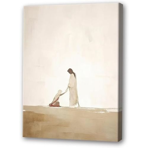 Christian Wall Art Jesus Heals the Bleeding Woman Canvas Print Inspirational Wall Decor Boho Poster For Home，Bedroom，Living Room Decor 24x36 Inch Framed