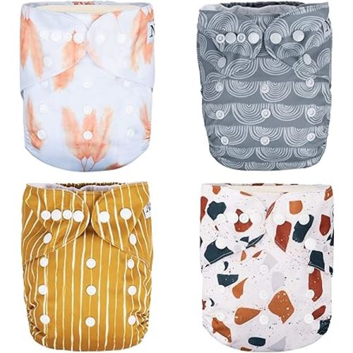 Nora's Nursery Cloth Pocket Diapers 4 Pack with 4 Inserts - Waterproof Cover, Washable, Reusable & One Size Adjustable Pocket Diapers for Newborns and Toddlers - Fan Faves