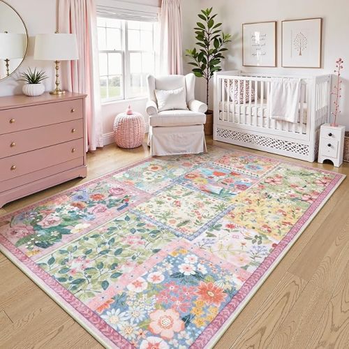 LIVEBOX 5 x 7 Pink Rugs for Bedroom Girls, Soft Patchwork Pink Rug for Living Room, Non-Slip Nursery Rug Girl, Washable Rugs 5x7 Carpet for Playroom