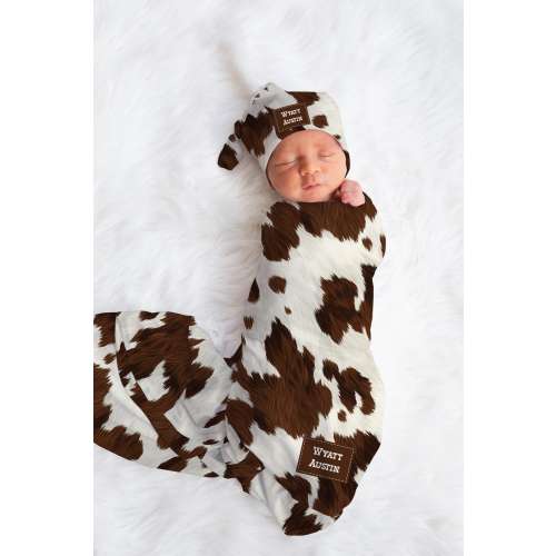 Western Swaddle Cowhide Swaddle Blanket Cow Print Swaddle Set Faux Fur Animal Print Swaddle Cow Print Pattern Brown Farmhouse Wild West B14