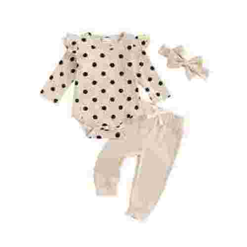 Baby Toddler Girls Fall Outfit, 0 3 6 9 12 18 Months Long Sleeve Dots Print Romper with Pants and Bowknot Headband Clothing Set