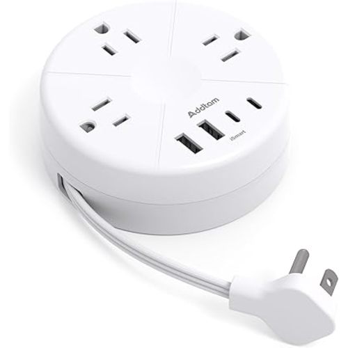 Addtam Travel Esstentials - Cruise Approved Power Strip with 5ft Retractable Cord, Ultra Thin Flat Plug, 3 Outlets 4 USB (2 USB C), Non Surge Protector for Travel/Cruise/Home/Dorm/Office, ETL Listed
