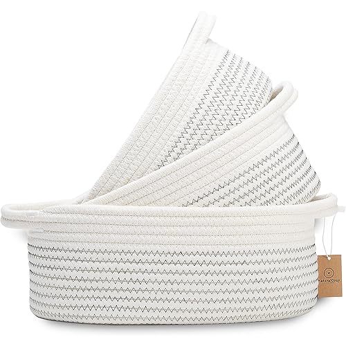 NaturalCozy 3-Piece Oval Storage Basket Set– Natural Rope Woven Baskets for Storage, Gift Basket Empty, Toy Basket, Soft Baby Basket for Nursery, Cat Dog Toy Baskets, Small Basket (Black Stitching)