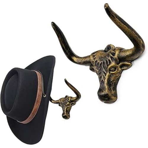 Cowboy Hat Rack for Wall 2 Pack Animal Head Metal Cowboy Hat Holder Cast Iron Hat Hanger Western Longhorn Hooks Storage Gold Wall Decor for Closet Bedroom Living Room Men's Gift