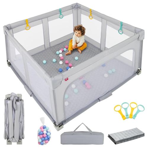 INFANS Foldable Baby Playpen with Mat, 59” x 59” Large Baby Play Yard for Infant with 50 Ocean Balls, 4 Handlers, Carry Bag, Indoor Outdoor Fence Toddler Activity Center (Gray, 59” x 59”)