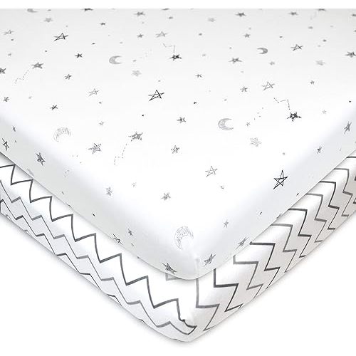 TL Care 2 Pack Fitted Pack N Play Playard Sheet 27" x 39", Soft Breathable Neutral 100% Cotton Jersey Pack and Play Sheet, Gray Star/Gray Zigzag, for Boys and Girls, Fits Most Mini Crib