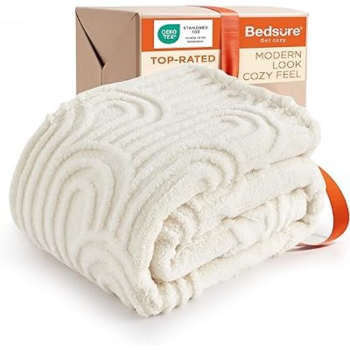 Bedsure GentleSoft Boho Throw Blanket for Couch - Cozy Modern Boho Decorative Blankets for Women Girls, Fuzzy Fleece Throw for Beds, Aesthetic Accent Gifts for Sofa Room Decor, Off White, 50x60 Inches