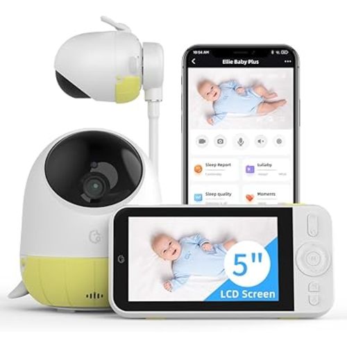 Ellie Baby Plus: 5" Monitor with 2.5K FHD Camera, Face Cover Alert,Crying & Breathing Detect, Night Vision, 2-Way Audio, Pan-Tilt-Zoom, Crib & Wall Mount All Inside,No WiFi, No Subscription, with APP