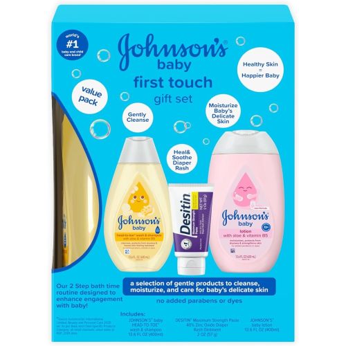 Johnson's Baby First Touch Baby Essentials Gift Set with Body Wash & Shampoo, Body Lotion, & Zinc Oxide Diaper Rash Paste for Baby's Delicate Skin, Hypoallergenic, No Added Parabens or Dyes, 3 Items