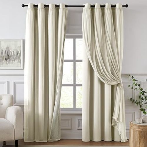 Blackout Curtains for Bedroom, Double Layer Beige Curtains, Black Out Curtain 63 inch Long with Sheer Overlay for Living Room, Room Darkening Window Drapes with Grommet, 52" W x 63" L