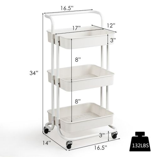 3 Tier Rolling Cart W/wheels Practical Handle&abs Storage Basket Organizer White