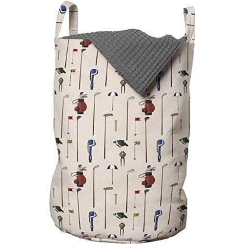 Ambesonne Golf Laundry Bag, Club and Ball Sport Theme Equipment Stroke Play Golfer Activity Leisure Hobby Design, Hamper Basket with Handles Drawstring Closure for Laundromats, 13" x 19", Cream Tan