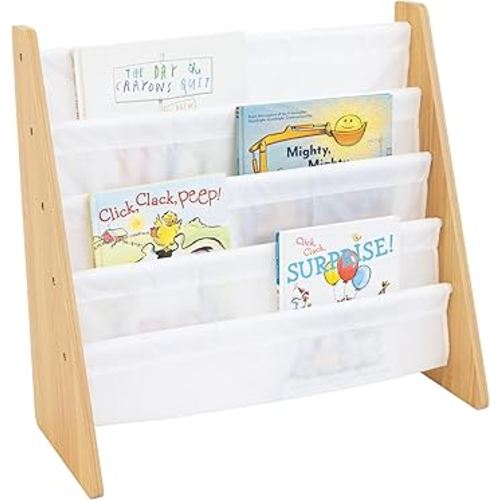 Humble Crew 4-Tier Kids Bookshelf, Natural Wood/White - Premium Book Shelf for Kids Rooms with Four Deep Pockets - Toddler Sling Book Rack with Deep Sleeves, Nursery Bookcase Organizer