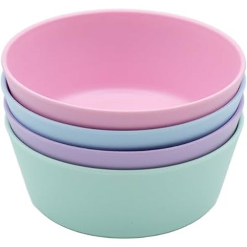 WeeSprout Bamboo Kids Bowls, Set of Four 10 oz Kid-Sized Bamboo Bowls, Dishwasher Safe Kid Bowls (Pastel Blue, Mint, Purple & Pink)