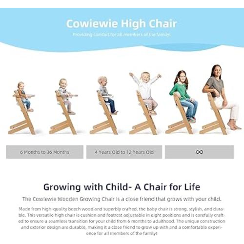Cowiewie Natural Wooden High Chair for Babies & Toddlers 3-Tier Remove & Adjustable Tray, 8 Adjustable Highchair with Cushions, Portable (Blue)