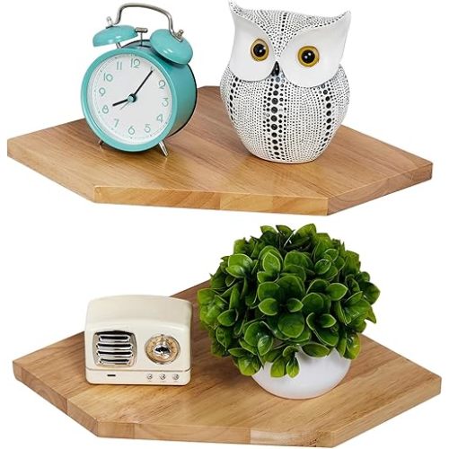 Corner Wall Shelves, Corner Floating Shelves Set of 2 Solid Oak Wood Display Shelf with Wire Hole Small Plant for Kitchen Living Room Natural