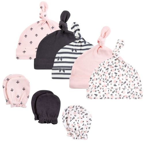 Hudson Baby Infant Girl Cotton Cap and Scratch Mitten Set, Berry Floral, 0-6 Months
