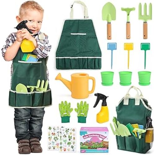 CUTE STONE Kids Gardening Tool Set, 20PCS Gardening Toys includes Metal Rake,Fork,Trowel,Apron,Gloves,Watering Can,Tote Bag and Strickers, Garden Tool Kit for Kids, Outdoor Toys Gift for Boys Girls