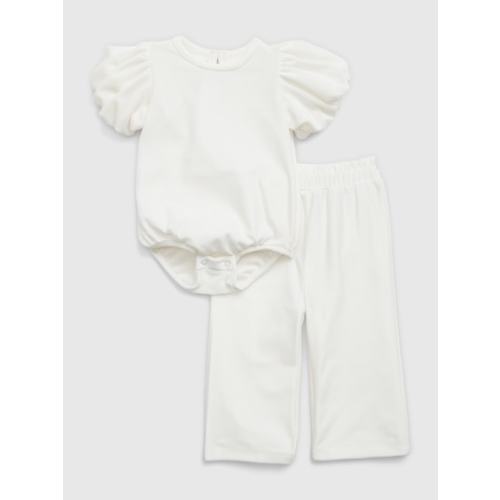 Baby Puff Sleeve Velvet Outfit Set in ivory frost, size: 6-12 M