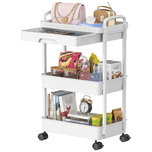 Cshidworld 3 Tier Rolling Utility Cart with Drawer, Storage Organizer with Shelf & Lockable Wheels, Storage Cart for Kitchen Bathroom Living Room Office, Storage Shelves Organizer Cart, White