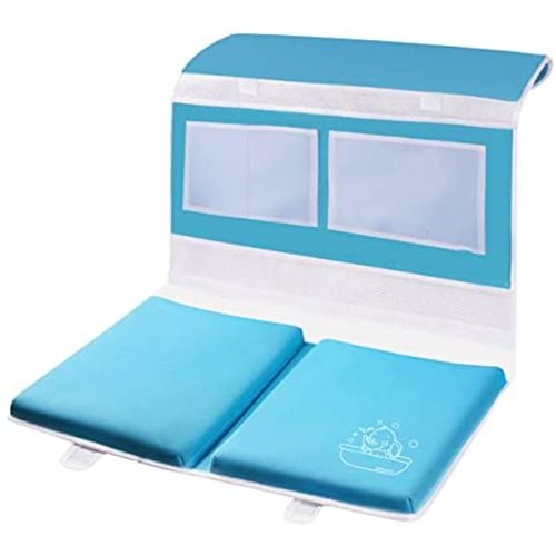 Bath Kneeler with Elbow Rest Bathtub 1.5" Thick Kneeler Mat with Toy Organizer - Bath Kneeling Pad for Baby Bath Time - Detachable and Foldable Child Bath Tub Pad for Parents- Blue