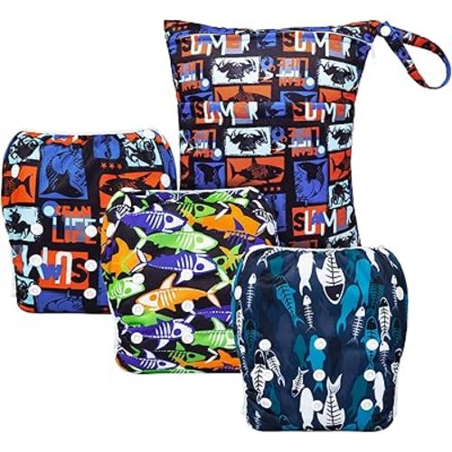 ALVABABY 3pcs Baby Swim Diapers with 1pcs Wet Bag Reuseable Washable & Adjustable for Swimming Lesson & Baby Boy and Girl 3YKL01