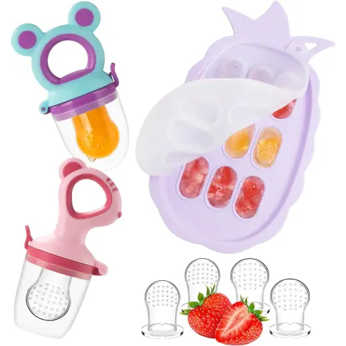 Baby Fruit Feeder & Baby Breastmilk Popsicle Molds, Baby Food Freezer Tray Storage Containers, Silicone Pacifier Feeder and Teether, Includes 6 Extra Food Pacifier