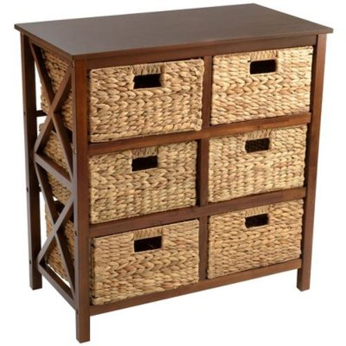 eHemco 3 Tier X-Side Storage Drawers with 6 Wicker Baskets, Walnut