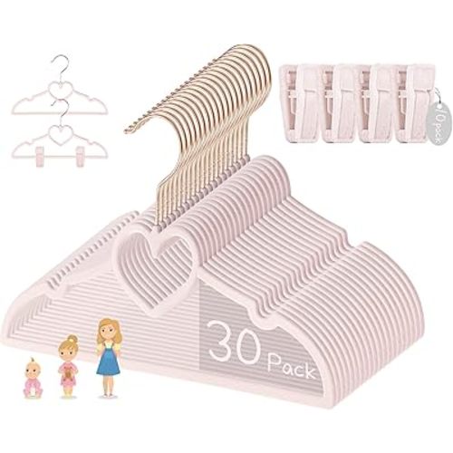 OneDream Pink Velvet Baby Hangers - 30 Pack 11inch Heart Toddler Hangers with 10pcs Clips, Non-Slip Strong and Durable Baby Clothes Hangers Without Slipping, Ultra Slim and Stackable Space Saving