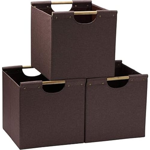 HOONEX Collapsible Storage Bins, 13x13x13 Inches Storage Cubes Linen Fabric, 3 Pack, Storage Baskets with Wooden Carry Handles and Sturdy Heavy Cardboard, for Home, Office, Car, Nursery, Brown