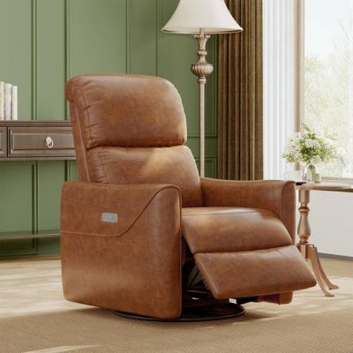 Power Recliner Chair Swivel Glider, Upholstered Faux Leather Nursery Reclining Sofa Chair with Charging Port, Adjustable Footrest, Rocker Single Sofa