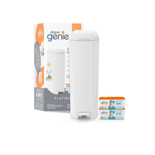 Diaper Genie Platinum Pail Gift Set, Lily White, Made of Durable Stainless Steel and Includes 2 Easy Roll Refills with 18 Bags and 30 Bags