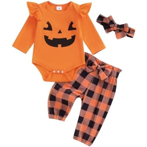 Newborn Baby Girl Halloween Outfit Ruffle Sleeve Pumpkin Face Romper Long Pants Headband 3 Piece Frist Fall Clothes