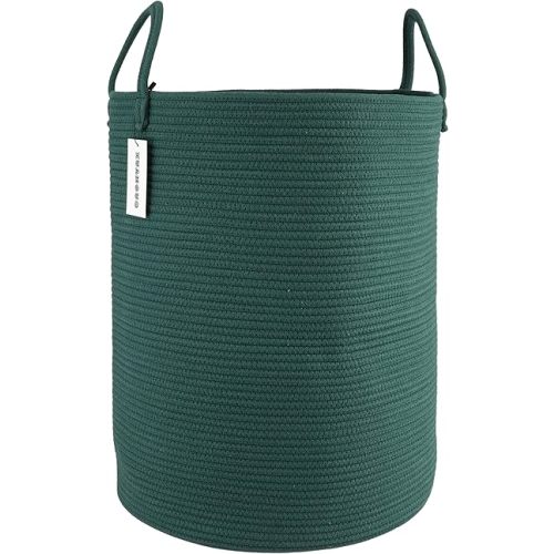Cotton Rope Laundry Basket Hamper for Clothes Woven Storage Basket for Living Room Bedroom Boho Tall Rope Baskets for Blanket Toys Pillow Towels Baby Nursery Hamper Bin Large dark green