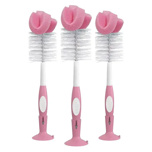 Dr. Brown's Reusable Sponge Baby Bottle Cleaning Brush Set with Suction Cup Stand, Scrubber and Nipple Cleaner, Pink, 3 Pack