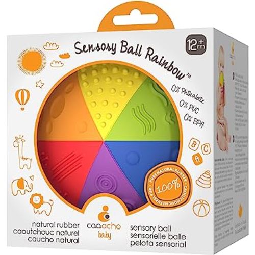 caaocho Pure Natural Rubber Sensory Ball Rainbow 4" - BPA Free Baby Ball Toy, for Sensory Play, Perfect Bouncer, Gentle Squeaking